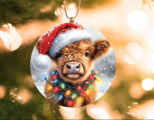 Handmade Christmas Ornament - Highland Cow With Christmas Lights