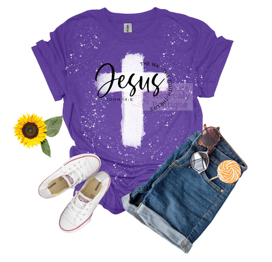 Bleached Cross Bible Verse Graphic T-Shirt - Jesus is the Way, Truth, and Life