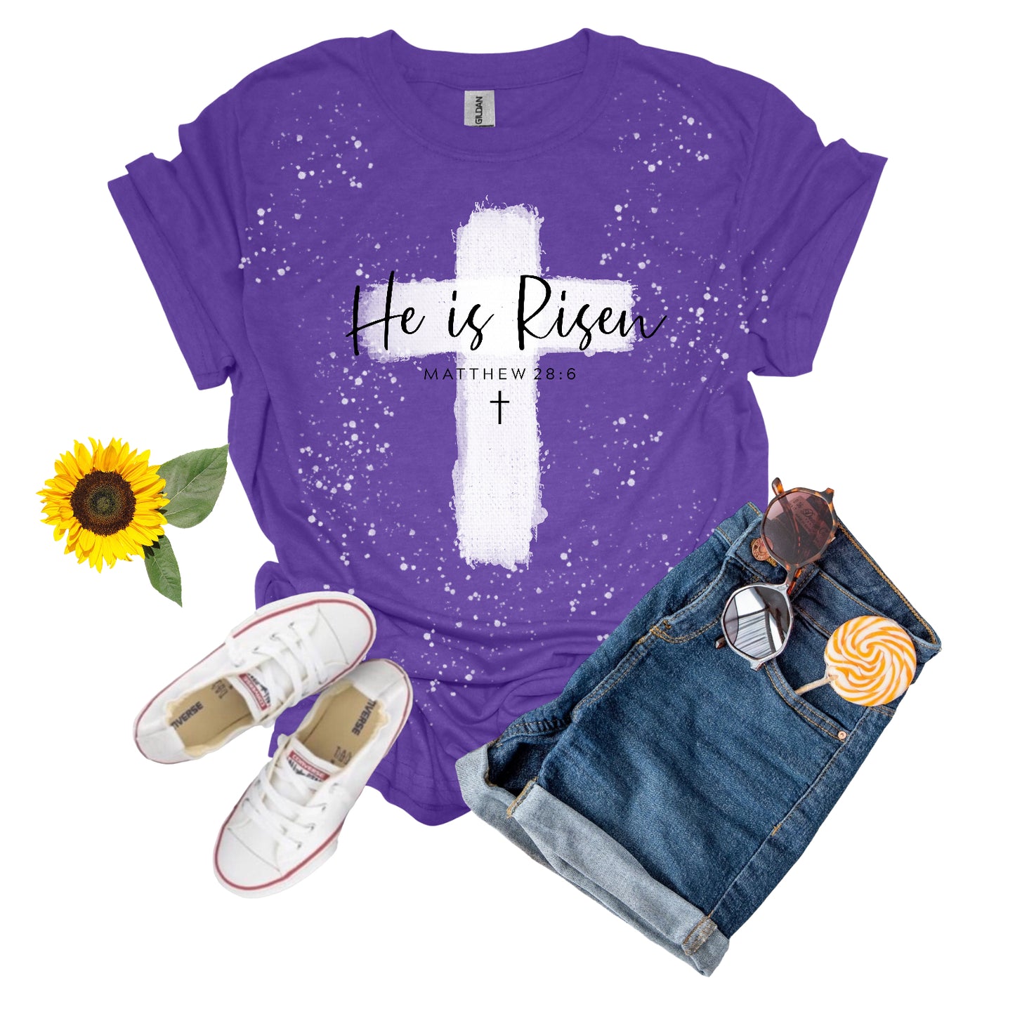 Bleached Cross Bible Verse Graphic T-Shirt - He is Risen