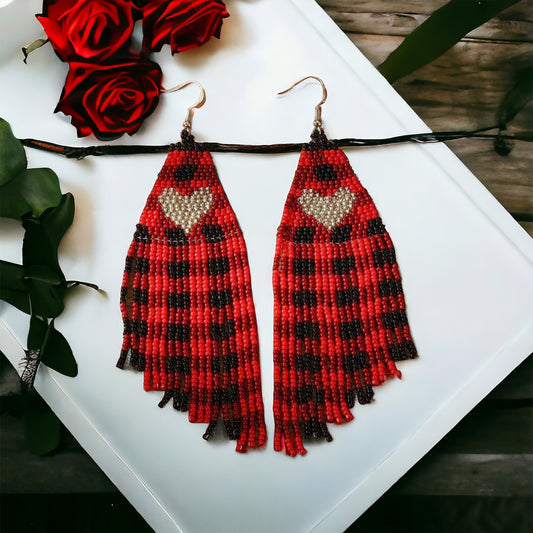 Seed Bead Valentine Heart Plaid Tassel Earrings - Heather's Heavenly Boutique