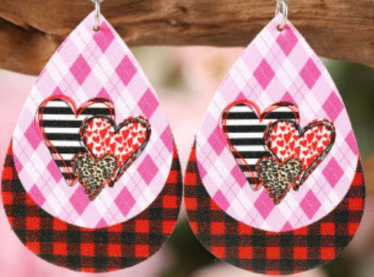 Valentine Pink Heart Wooden Plaid Teardrop Earrings - Heather's Heavenly Boutique