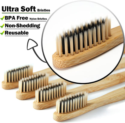 Set of bamboo toothbrushes with ultra soft bristles on a white background, featuring text highlighting features like BPA-free and non-shedding.