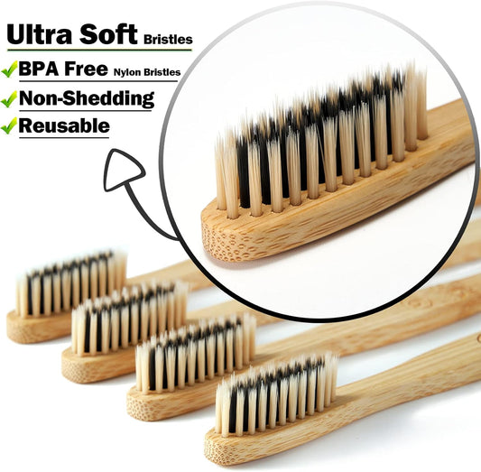 Set of bamboo toothbrushes with ultra soft bristles on a white background, featuring text highlighting features like BPA-free and non-shedding.
