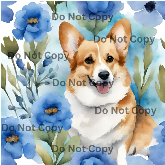 Blue Floral Corgi Digital Download