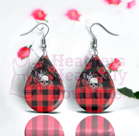 Red Plaid Skull Rose Handmade Sublimation Teardrop Earrings - Heather's Heavenly Boutique