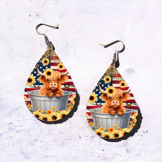 American Sunflower Highland Cow Earrings