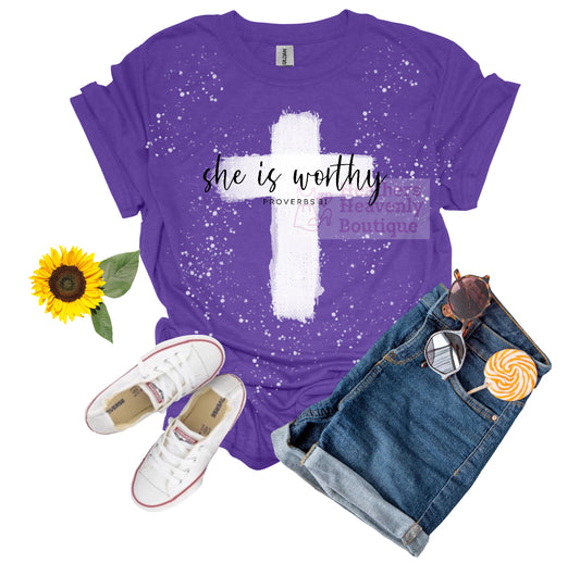 Bleached Cross Bible Verse Graphic T-Shirt - She Is Worthy