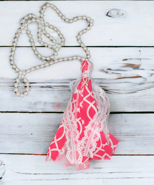 Handmade Breast Cancer Messy Fabric Tassel Necklace