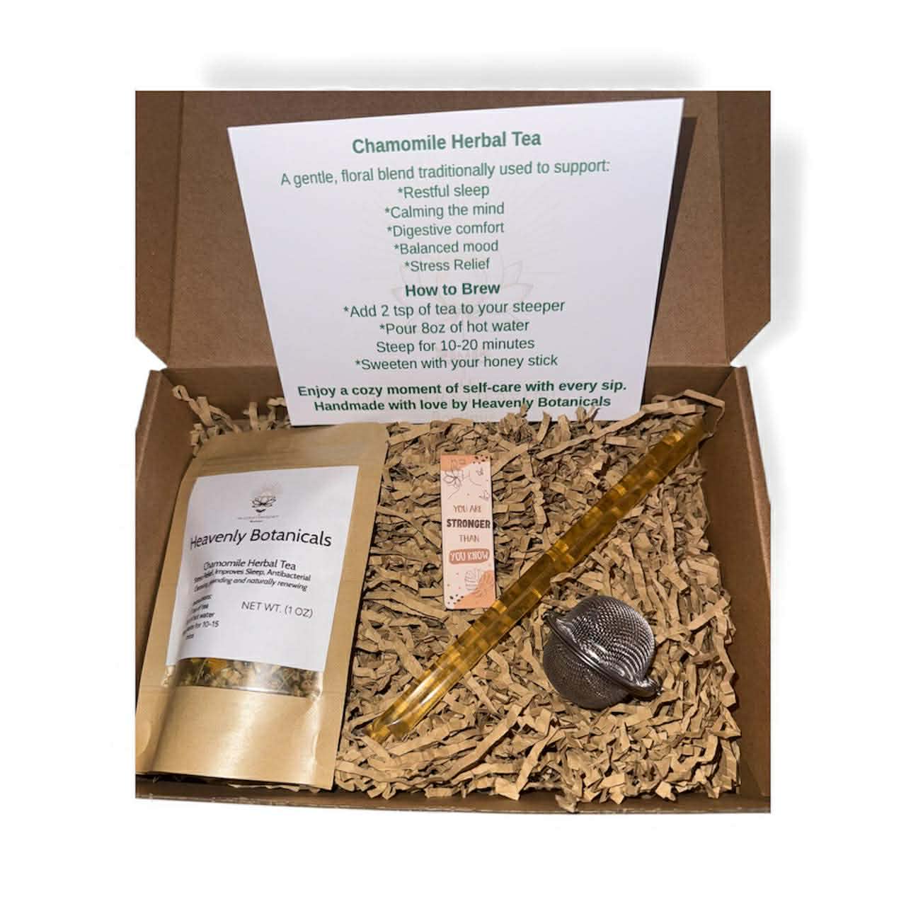 Chamomile Calm Tea Gift Box with chamomile loose-leaf tea, honey sticks, tea steeper, and bookmark