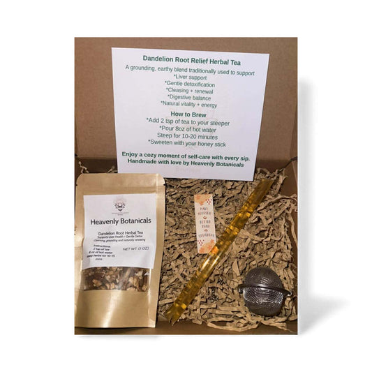 Dandelion Detox Tea Gift Box with dandelion root tea, honey sticks, tea steeper and bookmark.