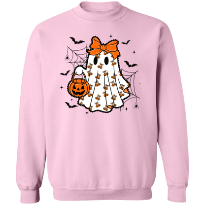 Pink sweatshirt with a Halloween-themed design featuring a ghost, candy bag, and bats on a white background.