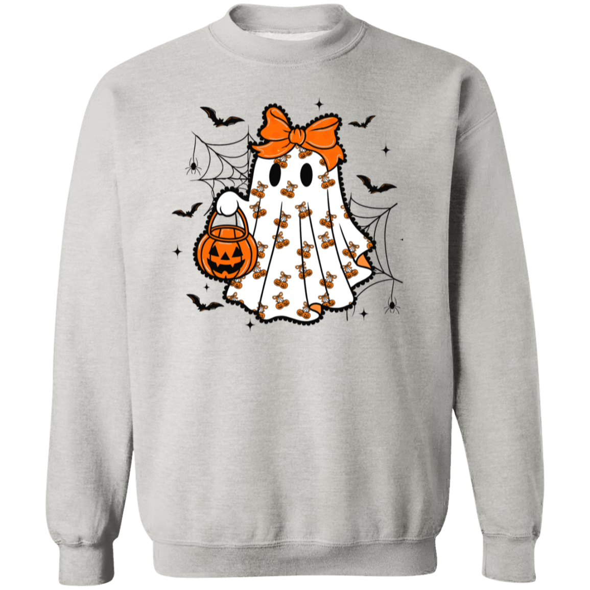 Cute ghost Halloween sweatshirt with pumpkin and bow design