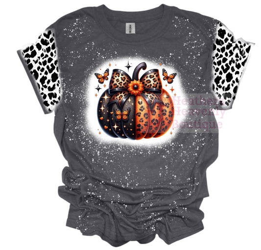 Leopard Fall Pumpkin Butterfly Graphic Bleached T-Shirt