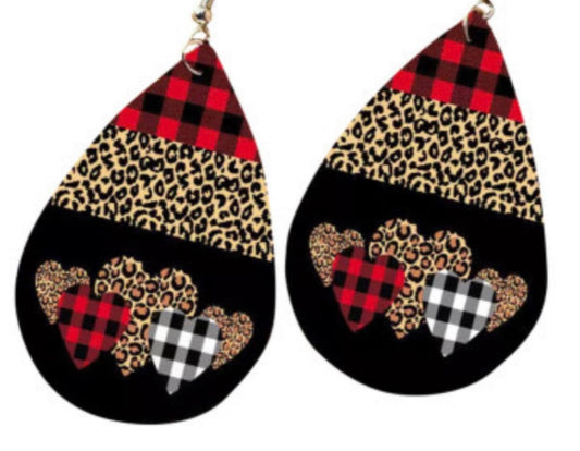 Valentine Wooden Heart Leopard Plaid Teardrop Earrings - Heather's Heavenly Boutique