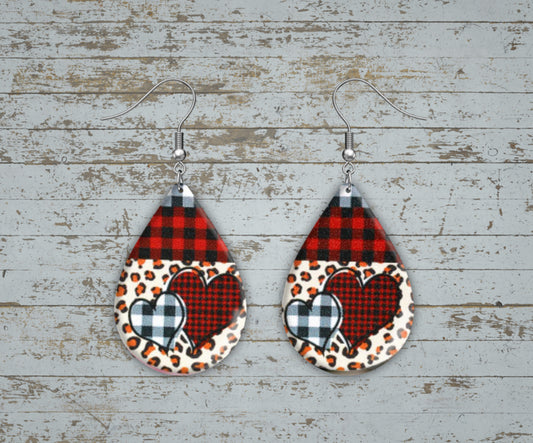 Valentine Wooden Handmade Plaid Teardrop Heart Earrings - Heather's Heavenly Boutique