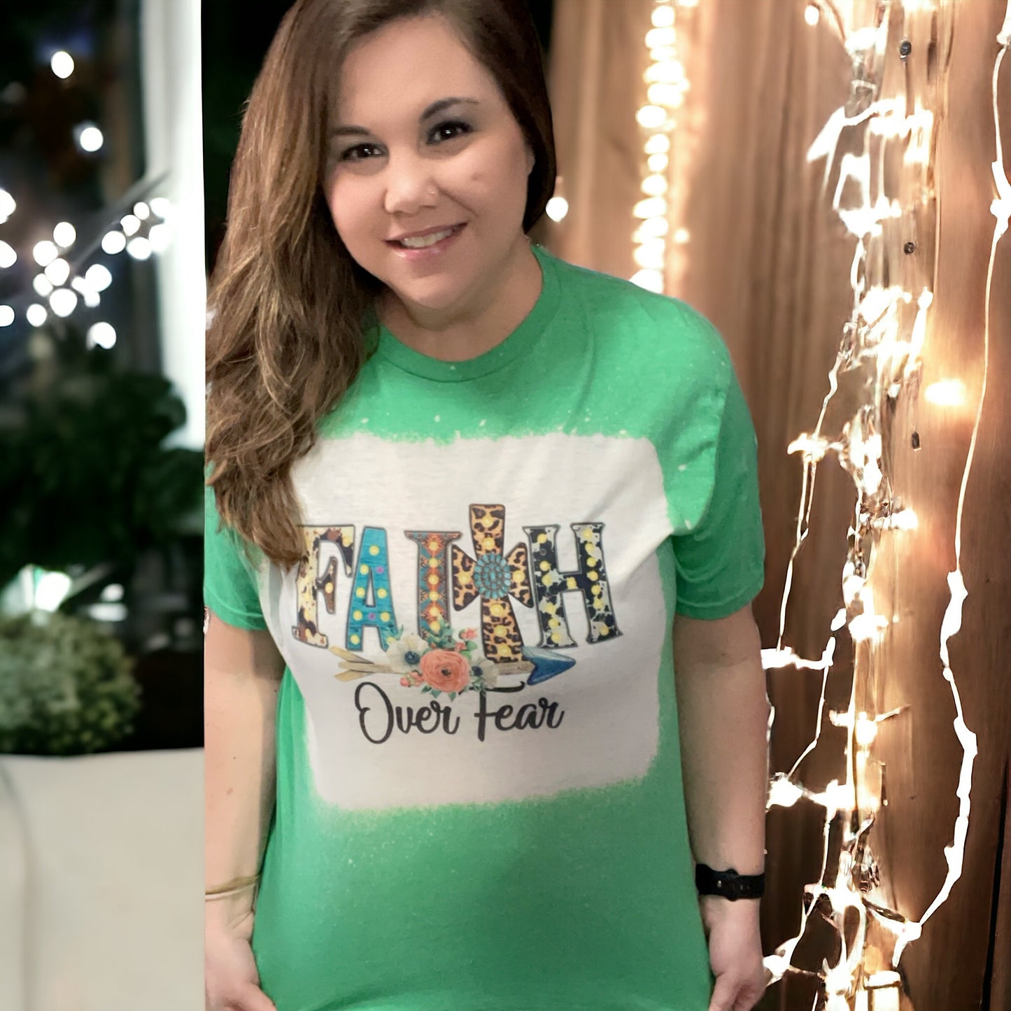 Handmade Sublimated Faith over Fear One of a Kind Bleached Green T-shirt Clothing - Heather's Heavenly Boutique