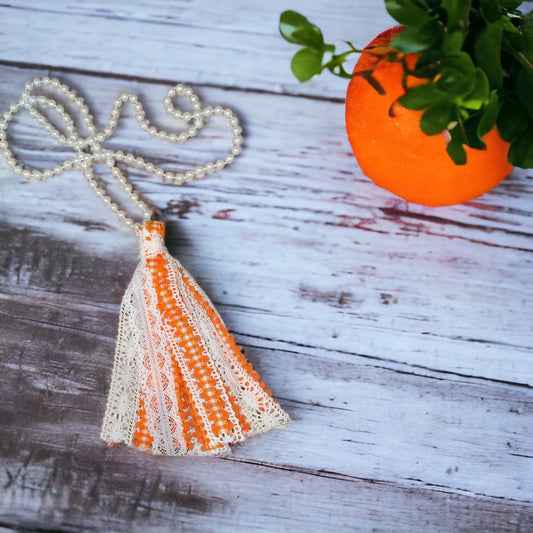 Handmade White and Orange Plaid Tassel Necklace - Heather's Heavenly Boutique