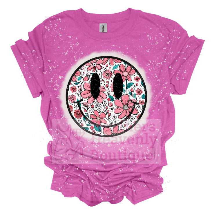 Smiley Face Pink Floral Graphic T-Shirt