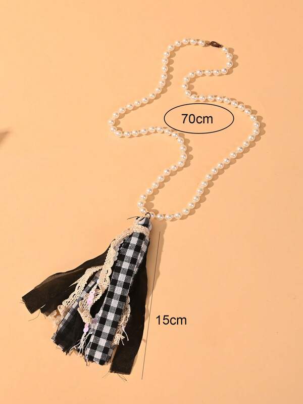 Black Plaid Pearl Fabric Necklace - Heather's Heavenly Boutique