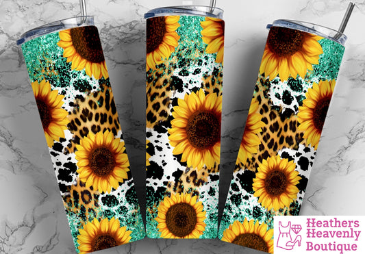 Cowhide Leopard Sunflower Print Sublimation Handmade Tumbler 20oz. - Heather's Heavenly Boutique