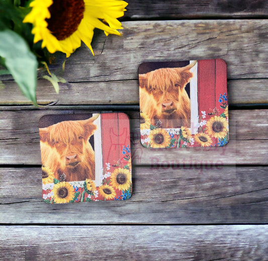 Highland Cow Red Barn Sunflower Handmade House Coasters. 3.5x3.5 - Heather's Heavenly Boutique