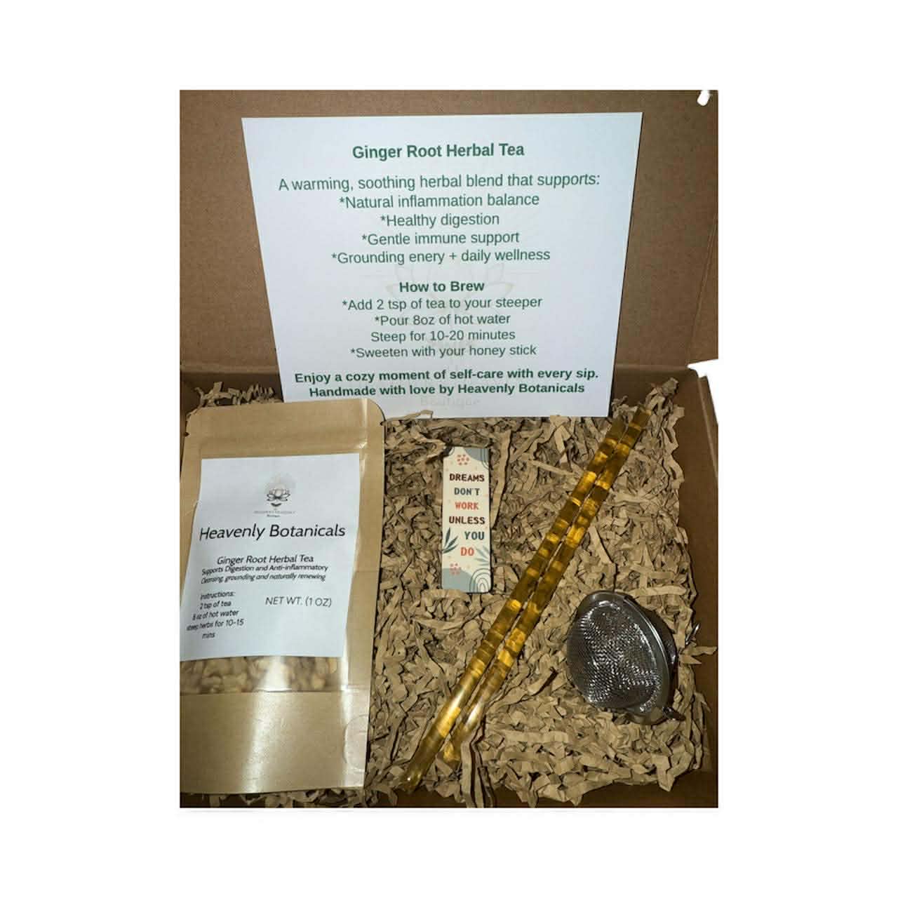 Ginger Glow Tea Gift Box with ginger herbal tea, honey sticks, tea steeper and bookmark.