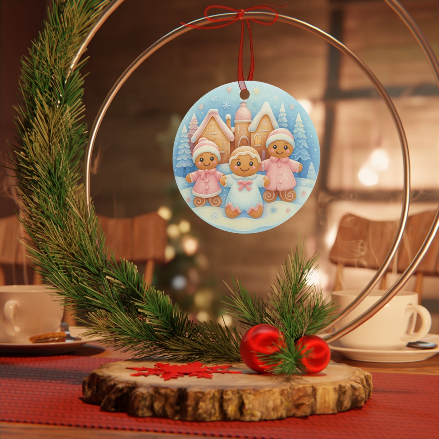 Decorative Christmas ornament with gingerbread children on a table setting.