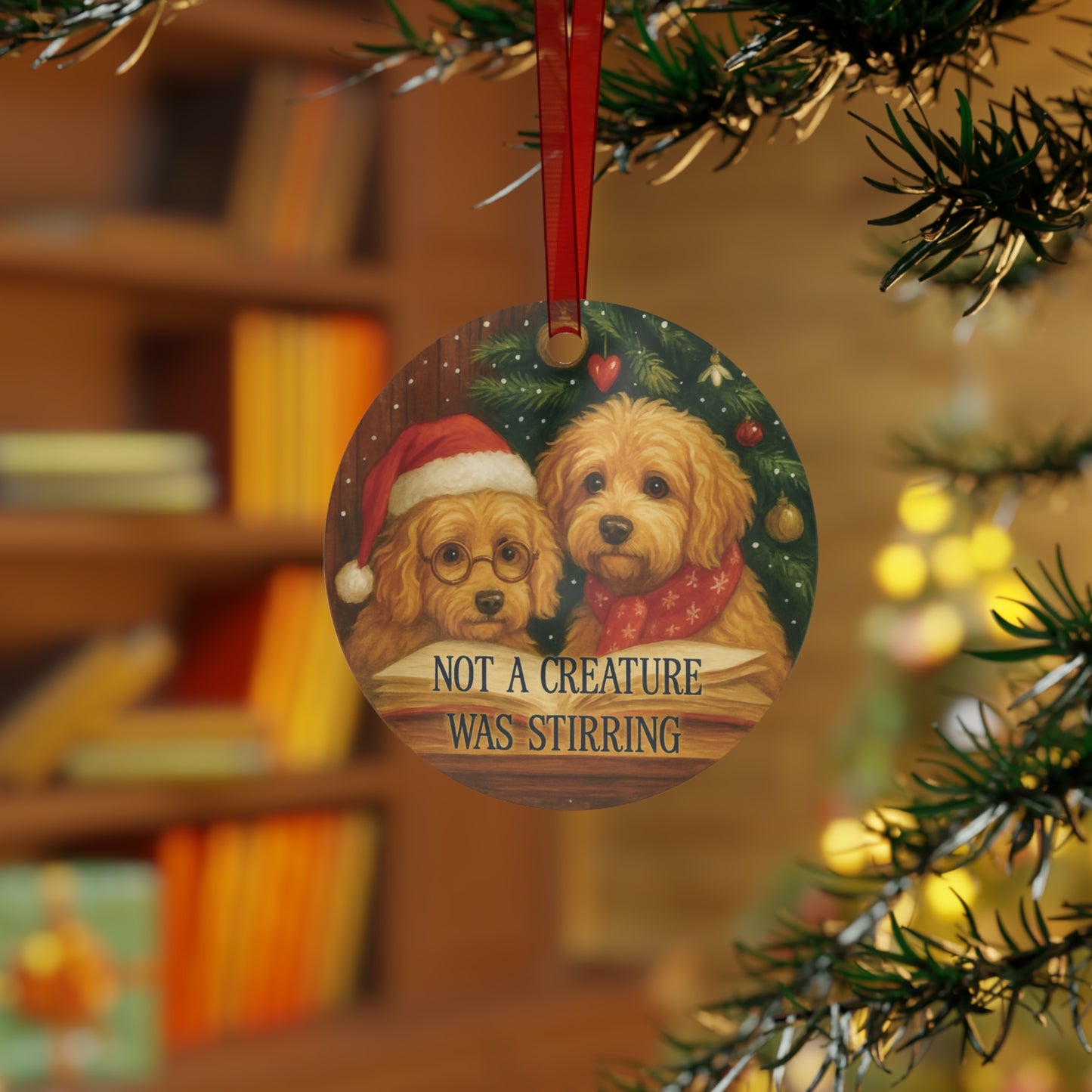 Christmas ornament with two dogs wearing Santa hats on a tree branch.