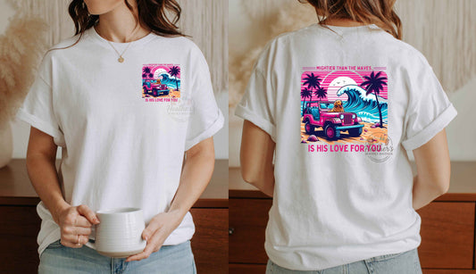 White t-shirt with colorful graphic design on front and back worn by a person.