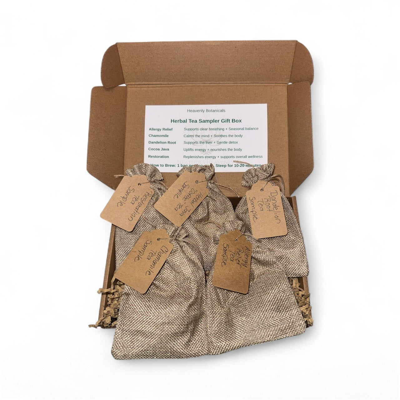 Herbal Tea Sampler Gift Box with 5 natural tea blends in burlap pouches – Heather’s Heavenly Botanicals