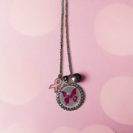 Handmade Dome Glass Breast Cancer Charm Necklace - Heather's Heavenly Boutique