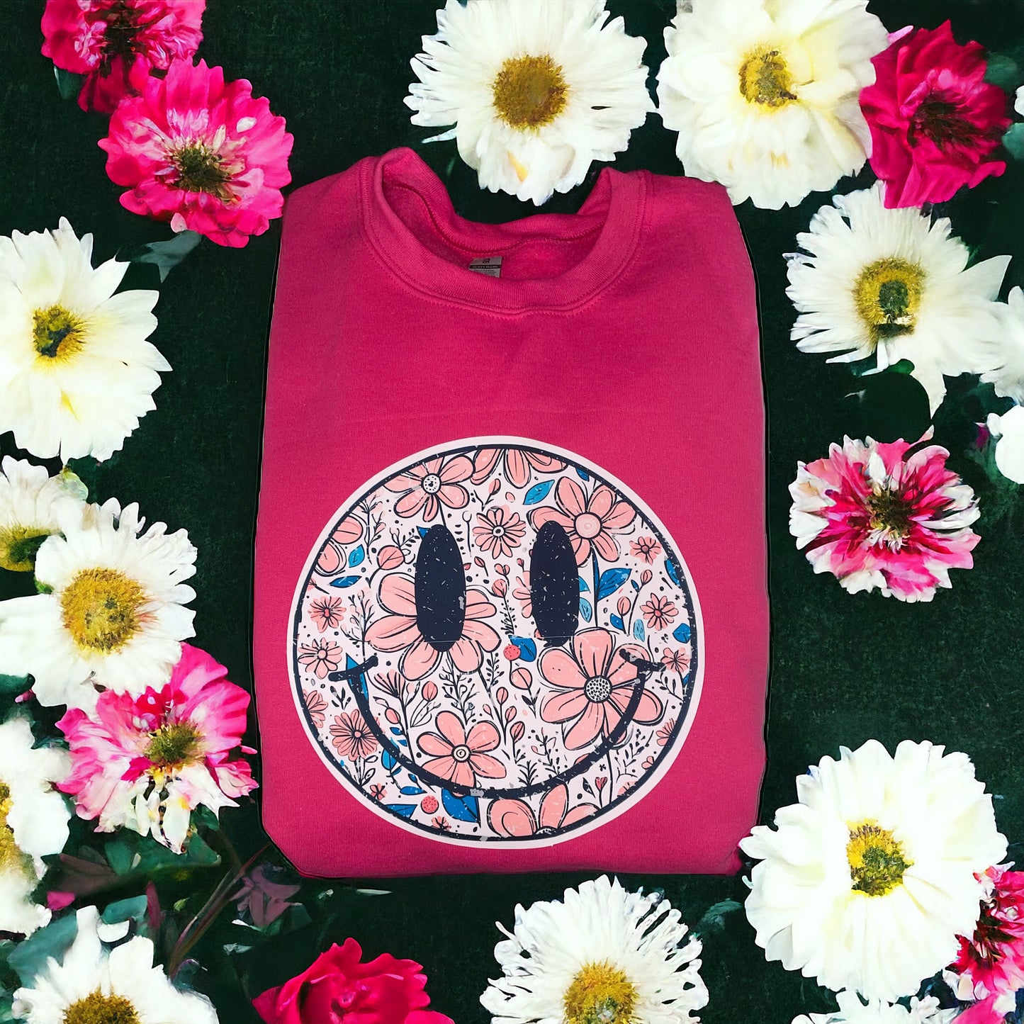 Floral Smiley Face One Of A Kind Handmade Printed Sweatshirt - Heather's Heavenly Boutique