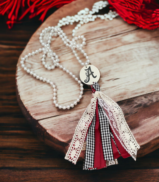 Roll Tide Alabama messy tassel fabric necklace - Heather's Heavenly Boutique