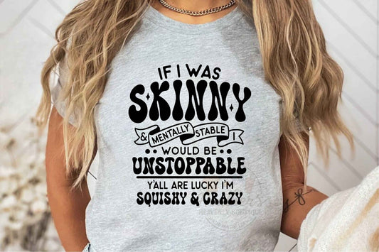 Gray T-shirt with humorous text design worn by a person