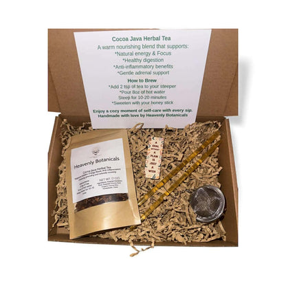 Cocoa Comfort Tea Gift Box with cocoa herbal tea, honey sticks, steeper and bookmark.