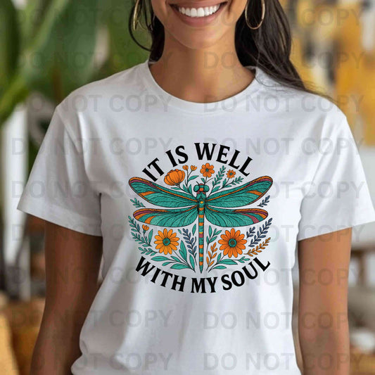 It Is Well With My Soul Christian T-Shirt with Dragonfly and Floral Design – Inspirational Faith Shirt for Women