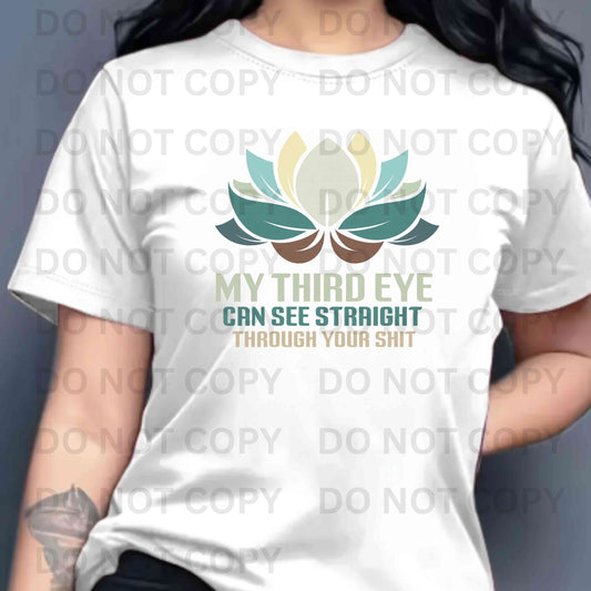 White t-shirt with a colorful design and text on a plain background