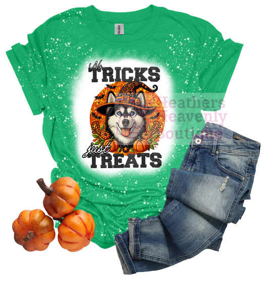 No Tricks Just Treats Halloween Husky Graphic Bleached T-Shirt