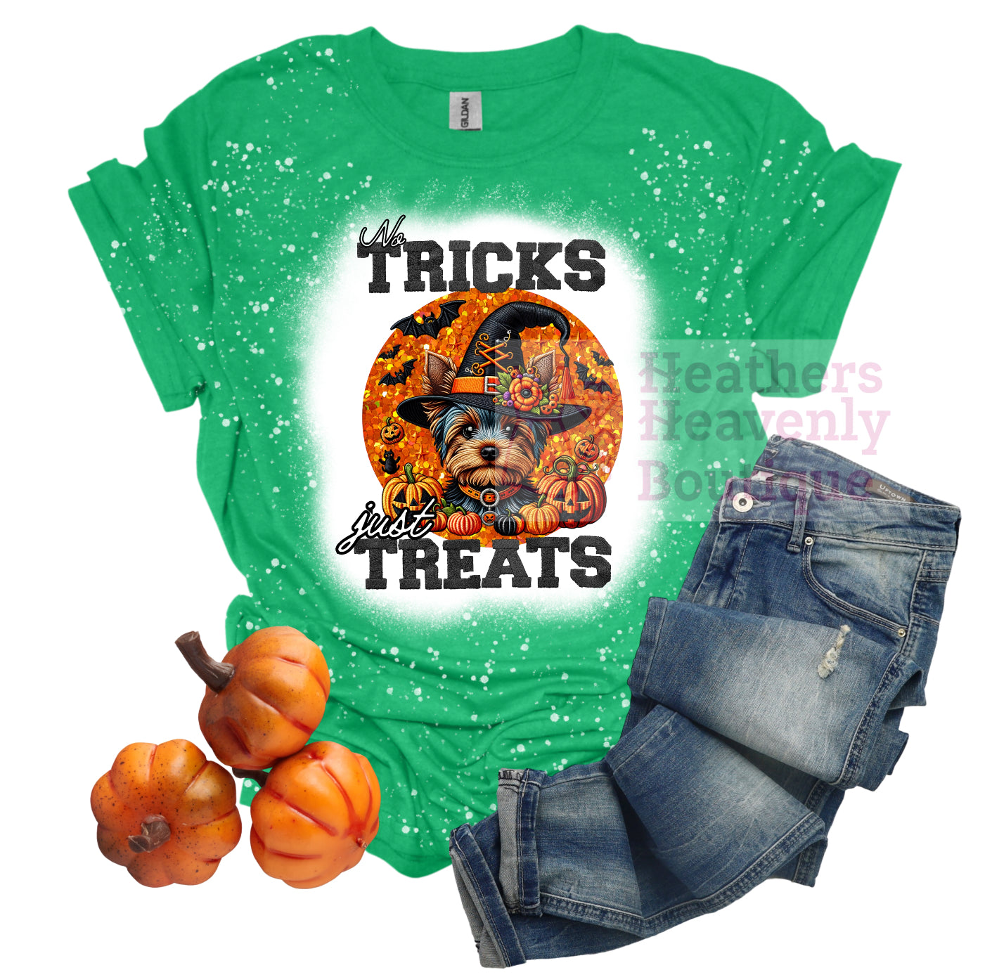 No Tricks Just Treats Halloween Yorkie Graphic Bleached T-Shirt