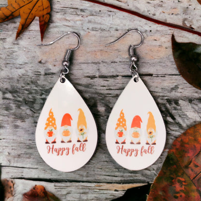 Handmade Sublimation Happy Fall Gnome Teardrop Earrings - Heather's Heavenly Boutique