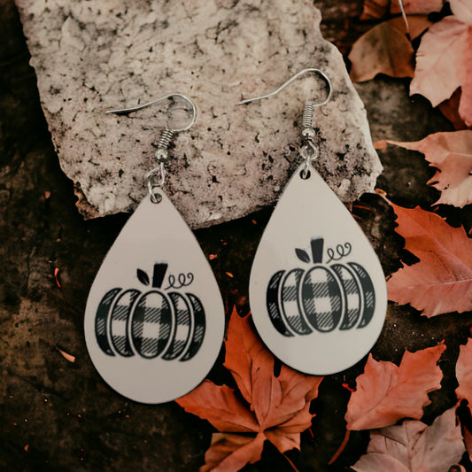 Handmade Sublimation Black Plaid Pumpkin Teardrop Earrings - Heather's Heavenly Boutique