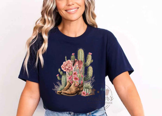 Pink Cowgirl boots with cactus Navy T-shirt