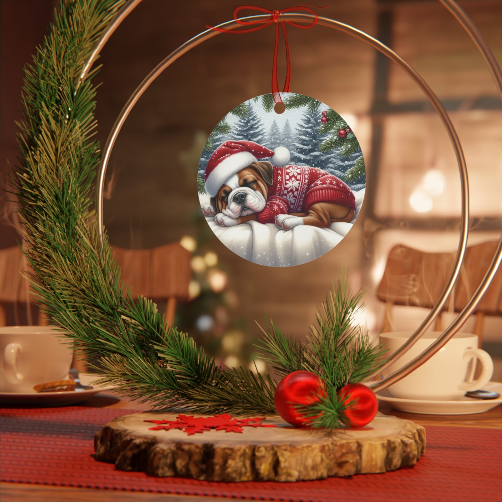 Sleeping bulldog puppy wearing a red Christmas sweater and Santa hat, printed on a round metal ornament with holiday background.