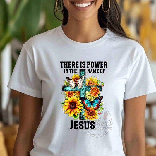 There is Power in the Name of Jesus blue cross with butterfly white T-shirt