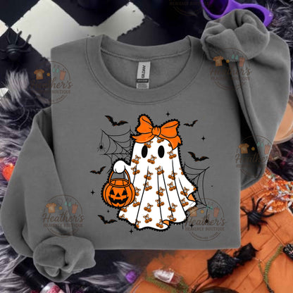 Gray sweatshirt with Halloween-themed design featuring a ghost, candy bag, and bats on a decorative background.