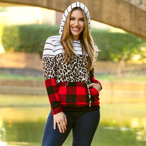 Buffalo Plaid and Stripes Hoodie with Pockets - Heather's Heavenly Boutique