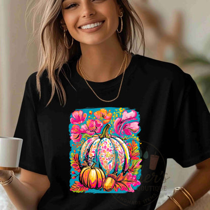 Blue Floral Pumpkin Fall T-Shirt