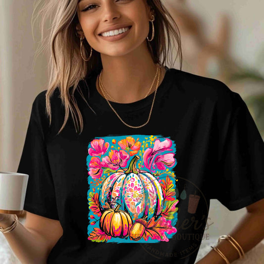 Blue Floral Pumpkin Fall T-Shirt
