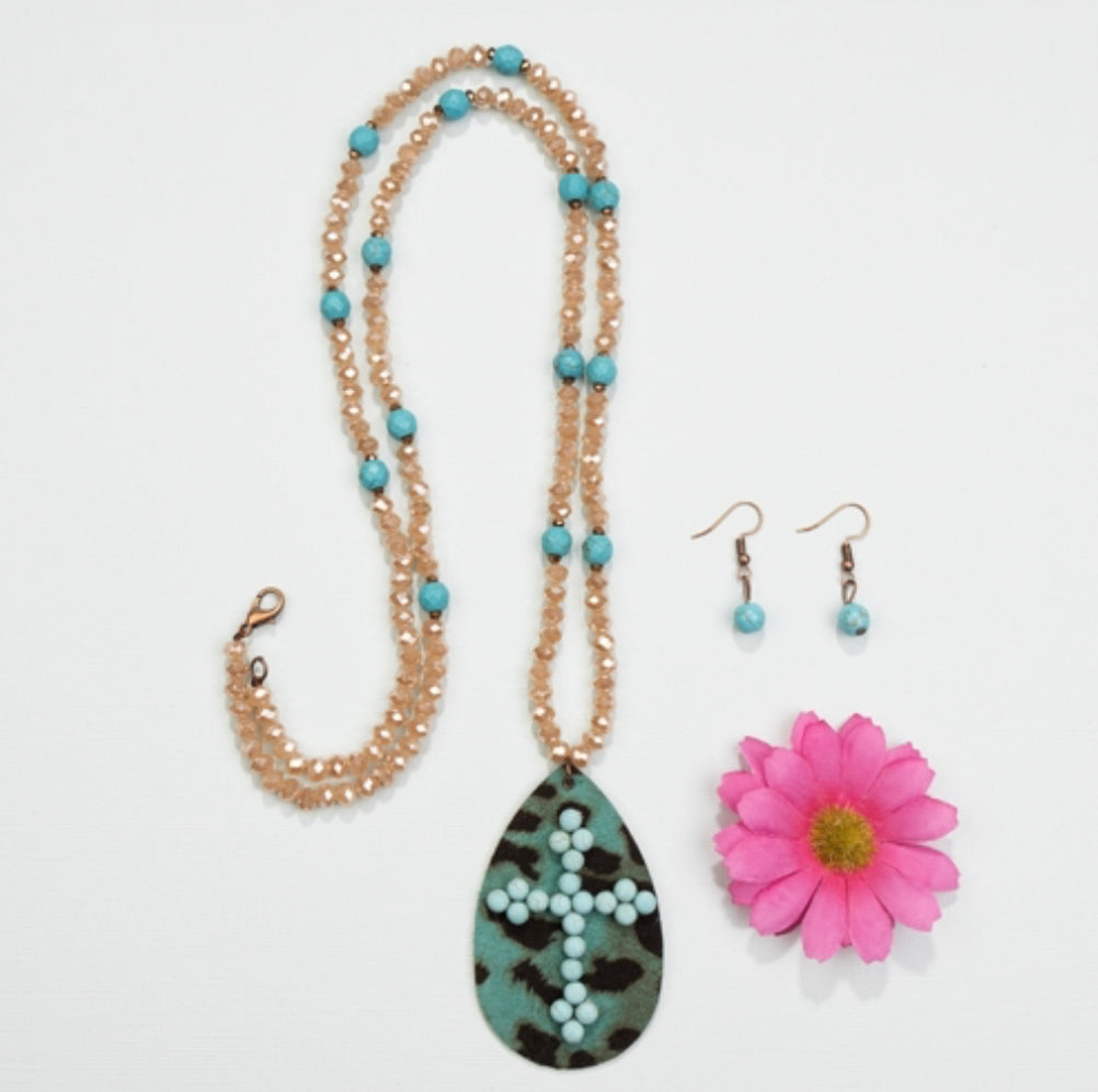 Turquoise Teardrop Cross Pendant Necklace