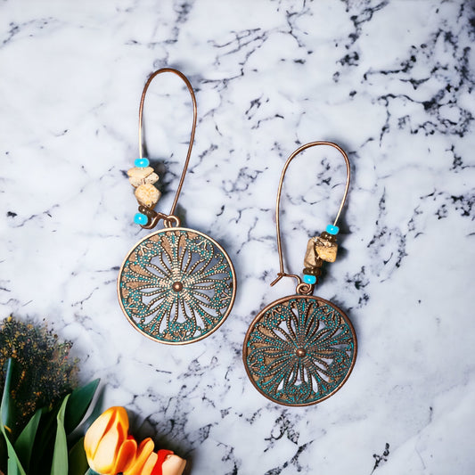 Western Copper Pinwheel Long Hook Earrings - Heather's Heavenly Boutique